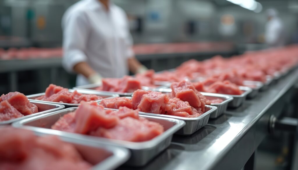 Carne fresca em bandeja com filme de atmosfera modificada