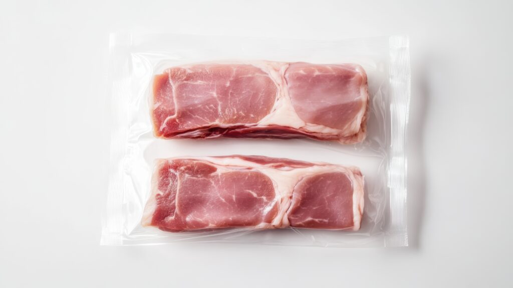 Peça de carne bovina embalada a vácuo em saco termoformado