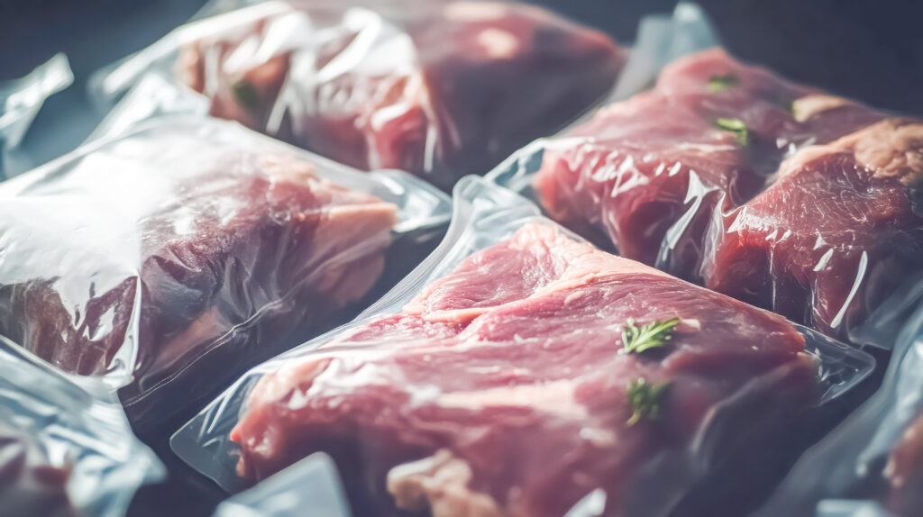 Peça de carne bovina embalada a vácuo em saco termoformado