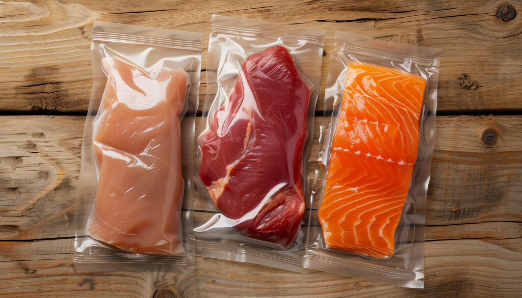 Alimentos embalados em exposição para análise de embalagem